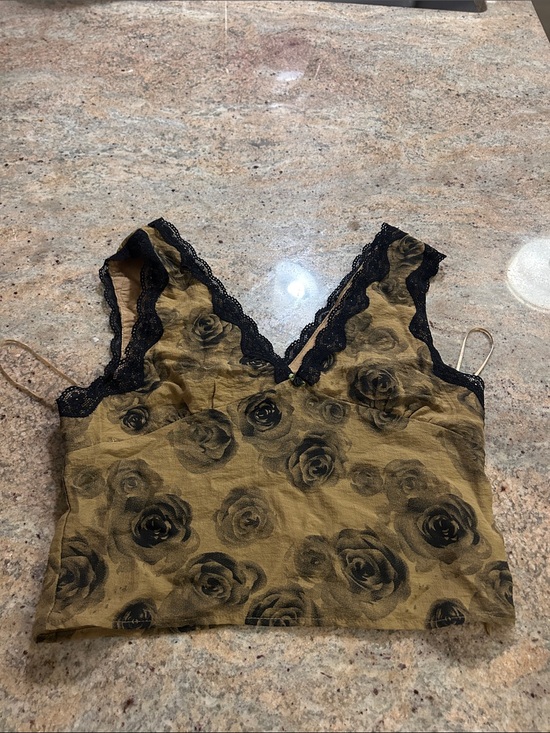 Pretty Garbage Tops - Women's Olive Green Rose Print Lace Trim Cami Top